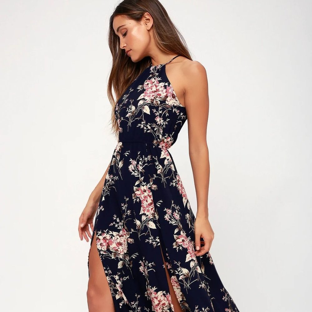 Lulus Feel the Music Blue Floral Print Maxi Dress